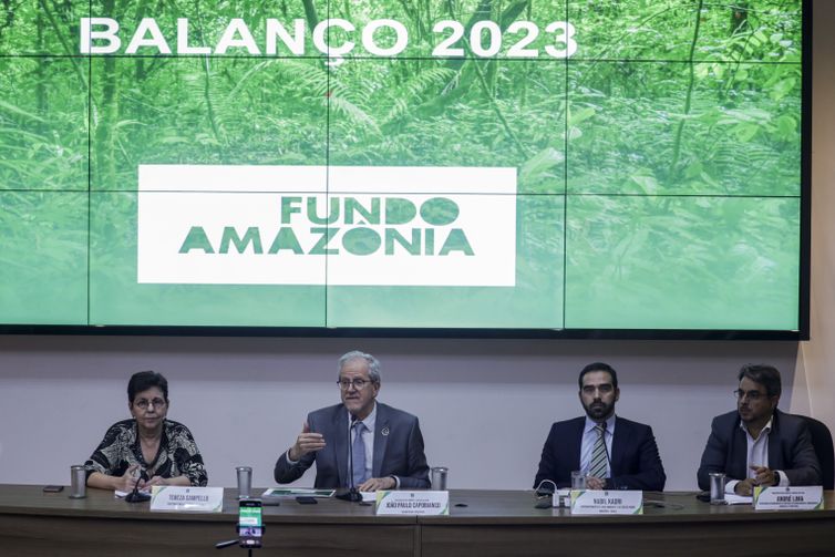 Brasília (DF) 01/02/2022 – A diretora Socioambiental do BNDES, Tereza Campello (e), Sec. Executivo MMA, João Paulo Capobianco (d), Superintendente de meio ambiente BNDS, Nabil Kadir (3d) e o secretario extraordinario do MMA, André Lima, durante apresentação do balanço do Fundo Amazônia em 2023.
Foto: Joédson Alves/Agência Brasil