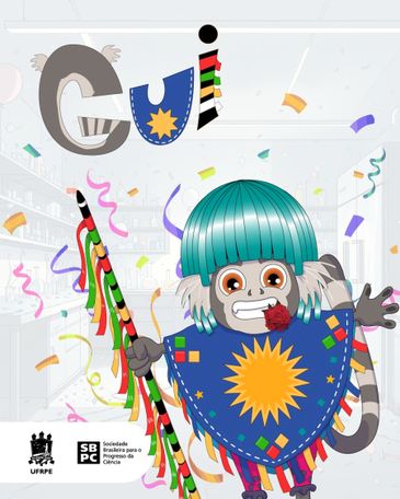 Foto SPBC. Brasília - 04/07/2025 - Cartaz da SBPC e mascote da SBPC Jovem. Foto SPBC.